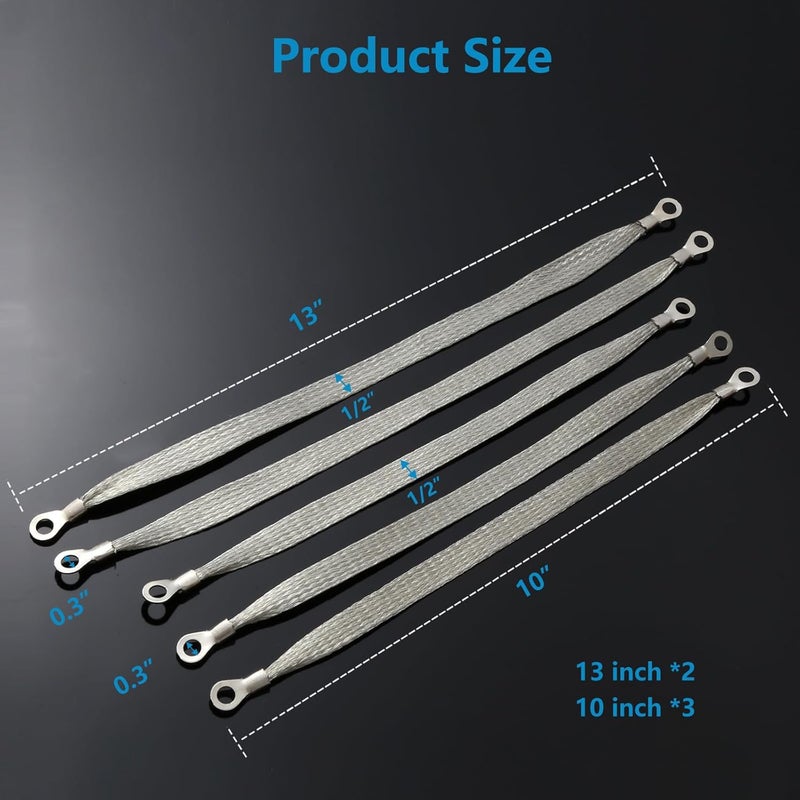 Jeyoon 5PCS Universal Automotive Ground Strap,3pcs 10"x1/2" & 2pcs 13"x1/2" Tinned Copper Vehicle Grounding Cable Straps,Automotive Engine Braided Copper Ground Strap with 5/16" Rings Terminal Plugs - Image 2